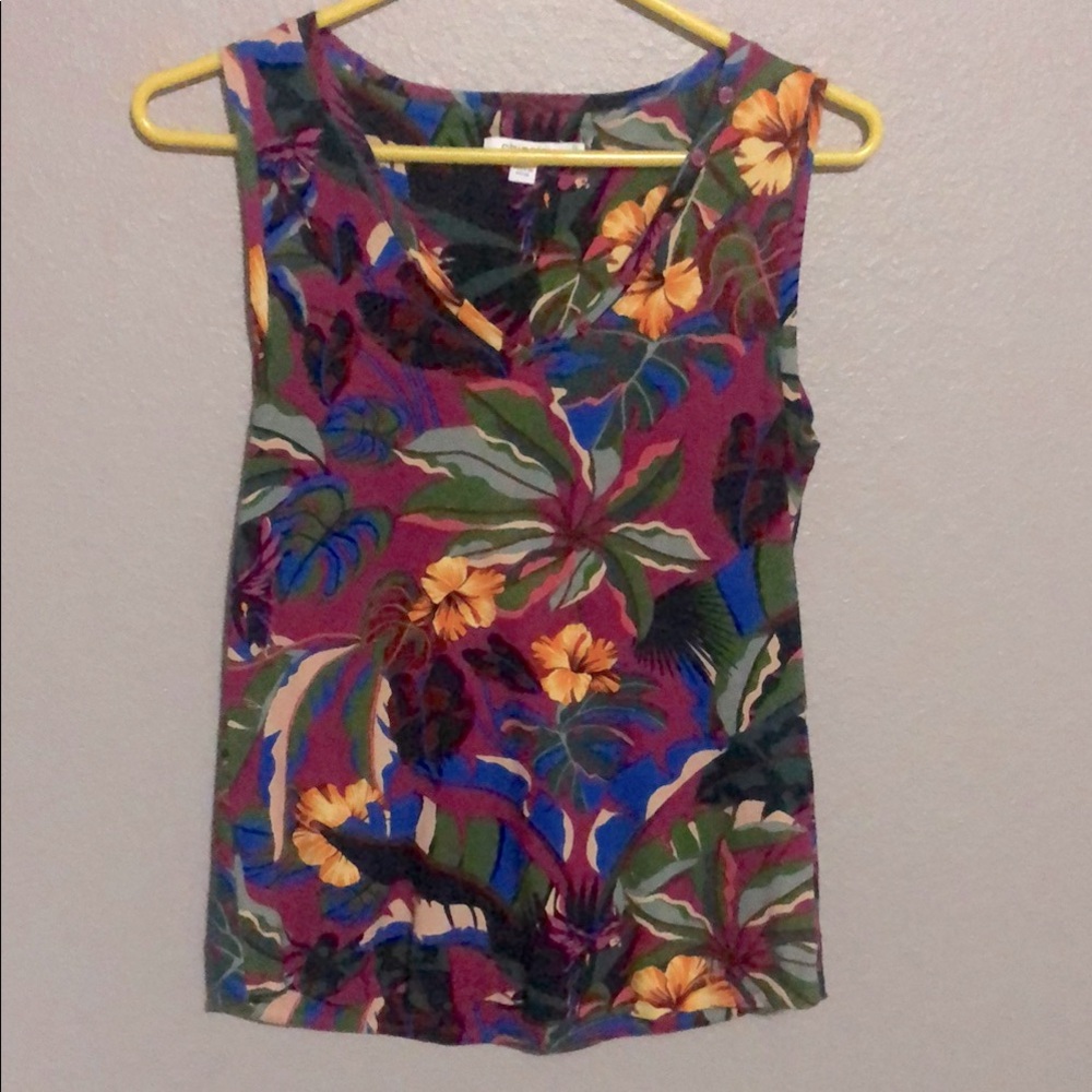 CHICO’S Vneck FLORAL TEE 100% COTTON Sleeveless Tank BUTTON EMBELLISHED EUC
